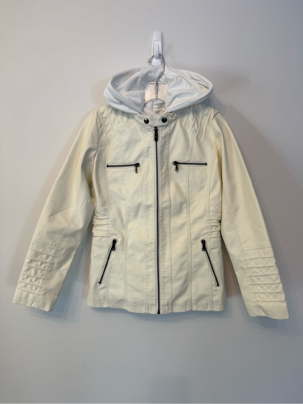 Women's Cream Hooded Faux-Leather Zip Jacket
